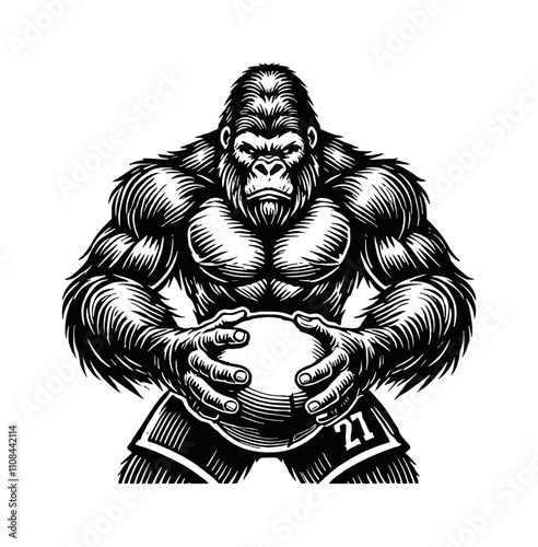 gorilla basketball engraving black and white outline