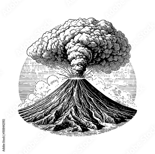 erupting volcano engraving black and white outline
