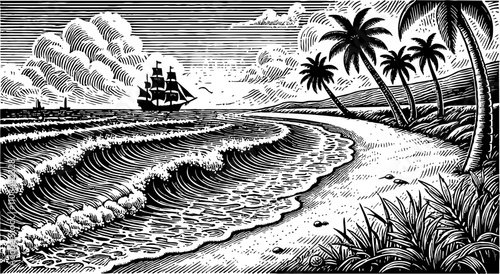 tropical beach island landscape with ship, water wave, palm tree, engraving black and white outline