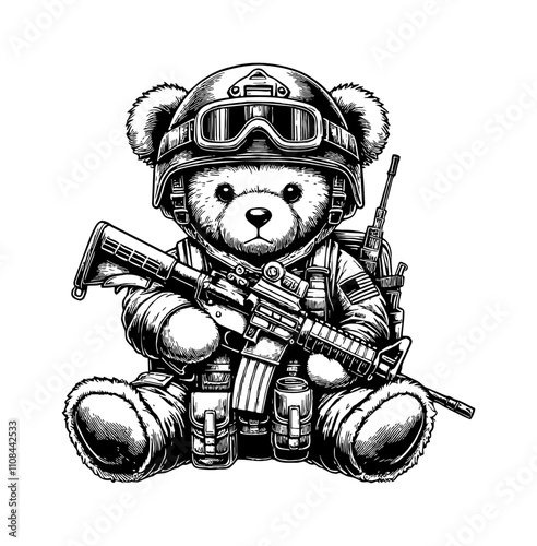 cute teddy bear dressed in detailed military gear engraving black and white outline