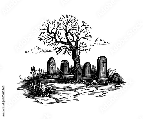 graveyard engraving black and white outline