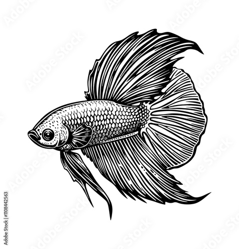 betta fish engraving black and white outline