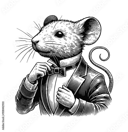 mouse gentleman engraving black and white outline