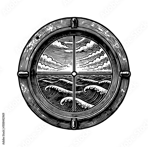 ship porthole engraving black and white outline