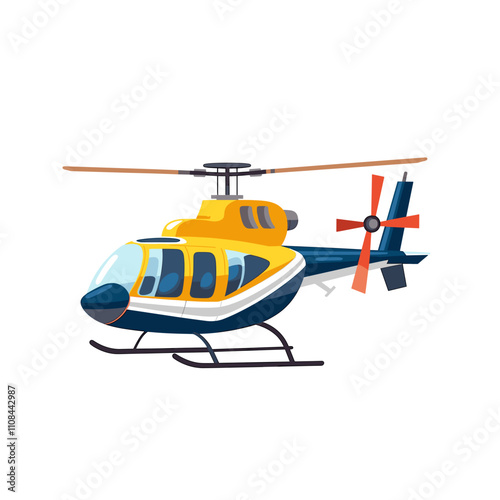 Helicopter flying above city scenery in clear blue sky