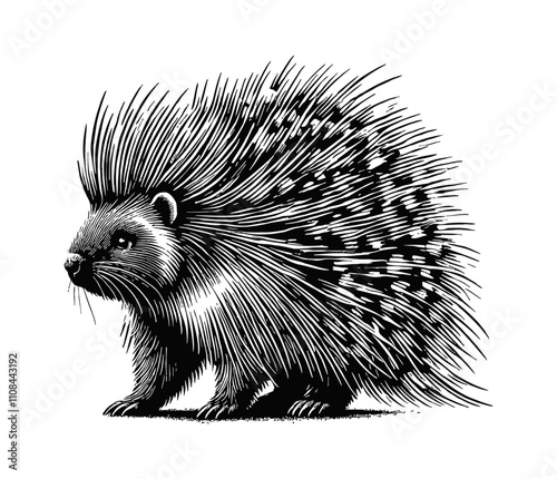 porcupine engraving black and white outline