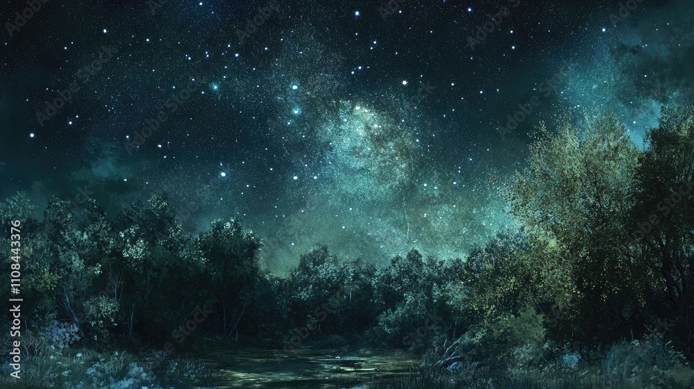 A serene night sky filled with stars over a tranquil, wooded landscape. A serene night sky filled with stars over a tranquil, wooded landscape.