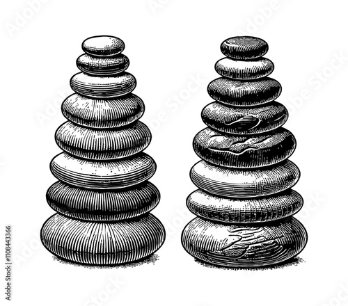 stack of smooth stones engraving black and white outline