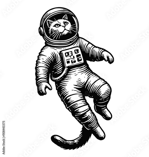 cat astronaut suit engraving black and white outline