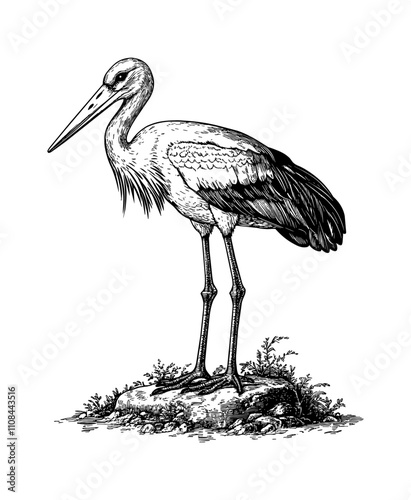 stork bird engraving black and white outline