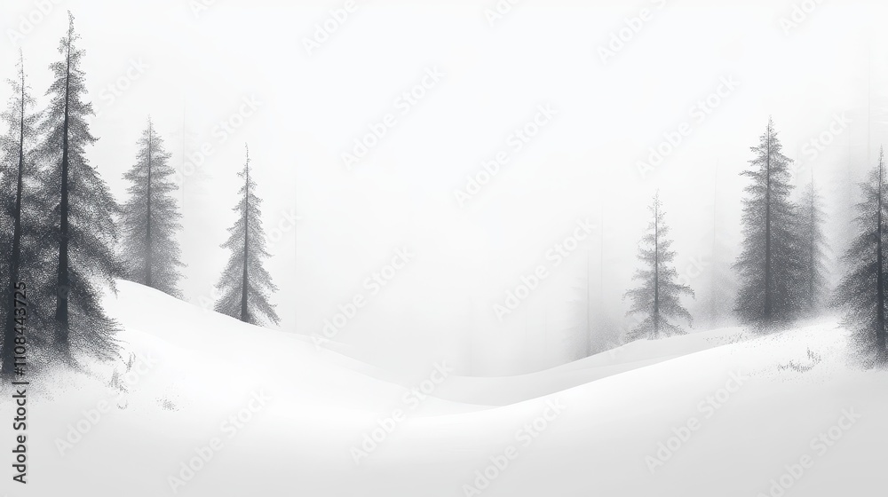 Fototapeta premium White vector background with simple snowy landscape and pine trees. Template concept. Landscape background design for banners and cards