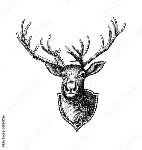 deer head stuffed engraving black and white outline