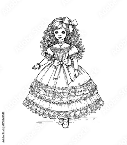 doll with curly hair, wearing a frilly dress with multiple layers, standing upright. The doll has an old-fashioned