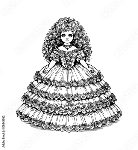 doll with curly hair, wearing a frilly dress with multiple layers, standing upright. The doll has an old-fashioned