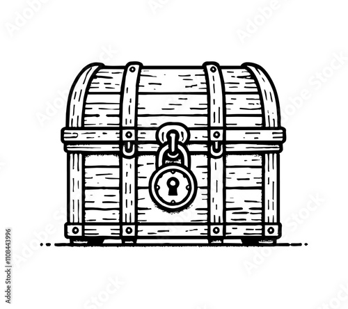 wooden treasure chest with a curved lid and large padlock on the front
