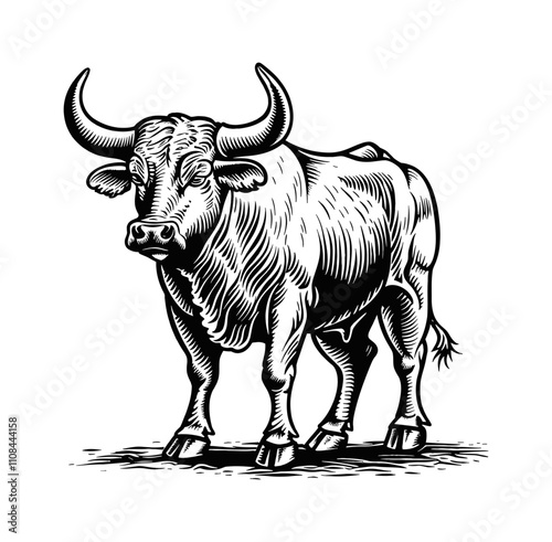 Spanish Fighting Bull engraving black and white outline