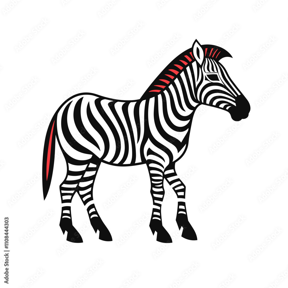 Obraz premium Creative illustration of a zebra with bold black and white stripes and a touch of red