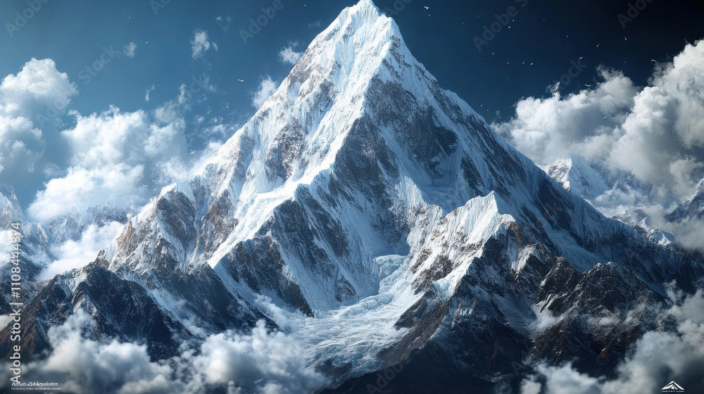 Obraz premium Majestic snow capped mountain peak surrounded by clouds and blue sky, showcasing beauty of nature and grandeur of Himalayas