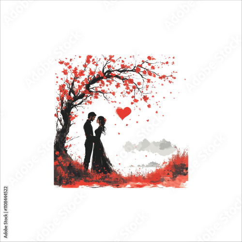 A couples silhouette standing in front of love shape tree. Couple valentines day silhouette.