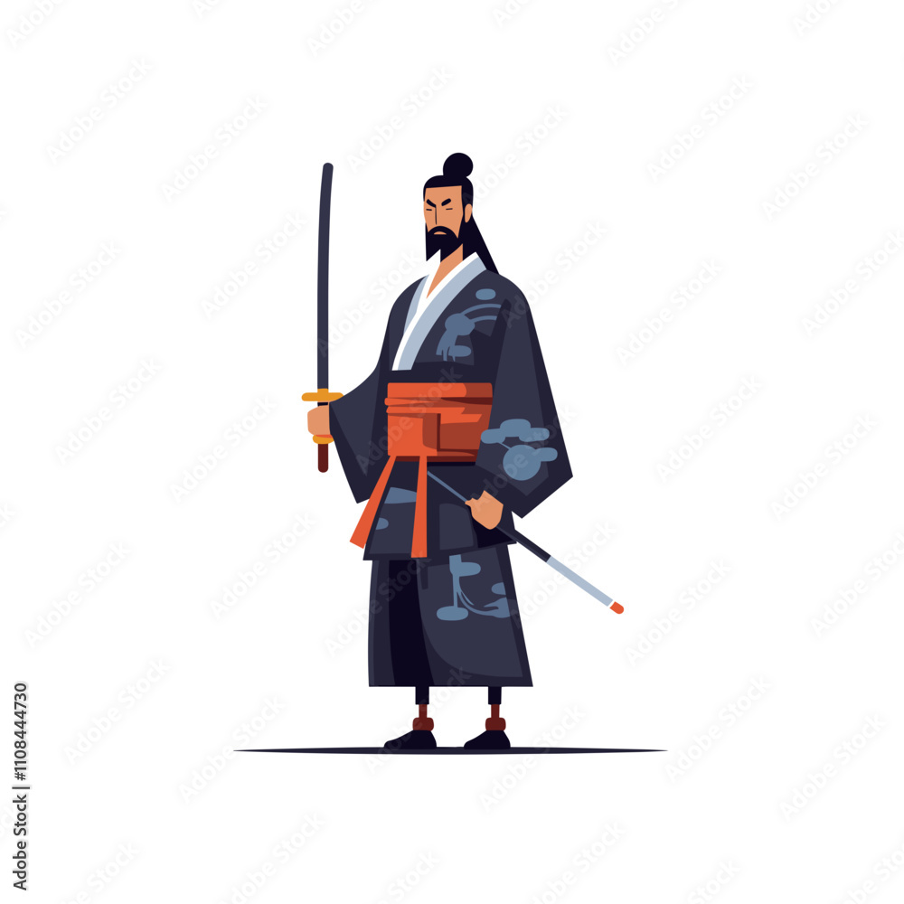 Fototapeta premium Warrior standing confidently with katana in traditional attire in a serene environment