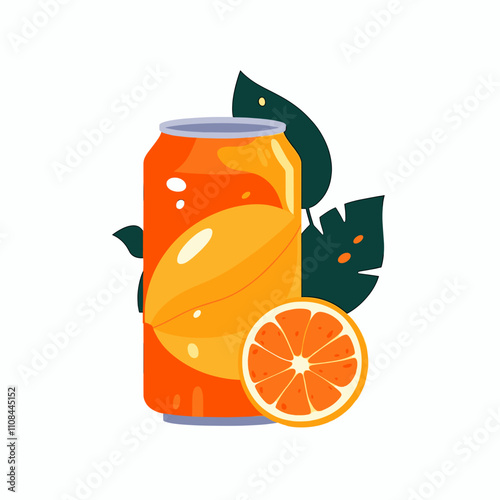 Bright orange soda can next to a fresh orange and leafy greens on a white background