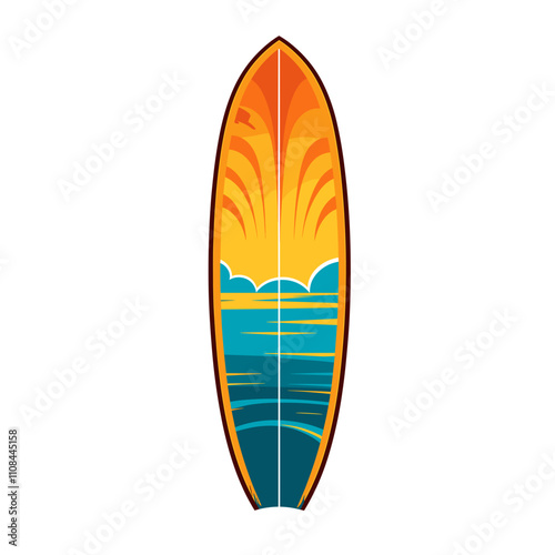 Colorful surfboard design depicting a sunset over the ocean during a summer evening