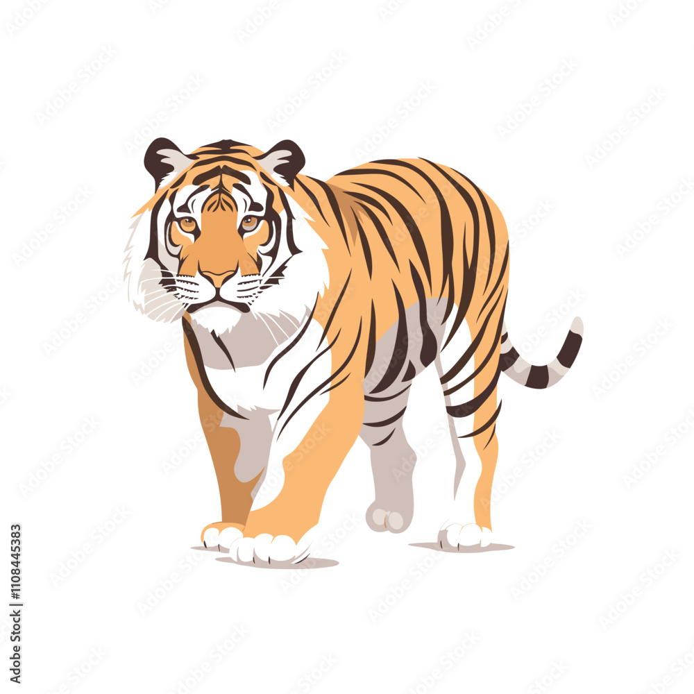 Obraz premium Striped tiger walking confidently in a natural pose with vibrant orange and black colors