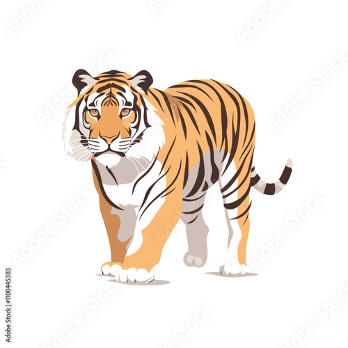 Striped tiger walking confidently in a natural pose with vibrant orange and black colors photo