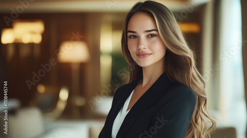 Elegant woman in professional setting, exuding confidence and poise. Her long hair complements her stylish attire, making her perfect representation of modern professionalism