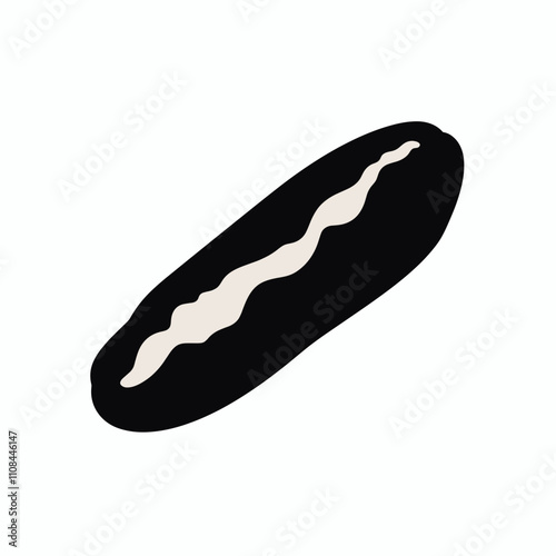 Black and white illustration of a delicious eclair pastry on a plain background