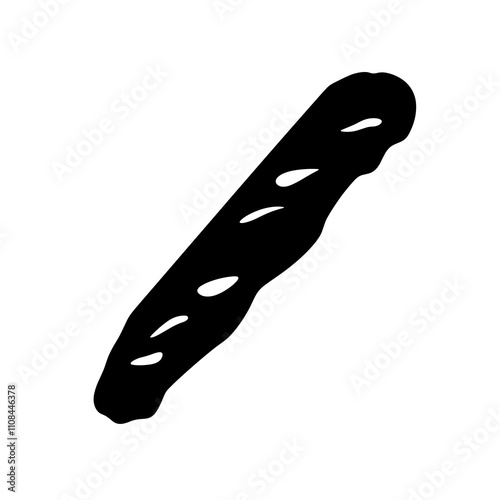 Black silhouette of a long, crusty bread loaf isolated on a white background