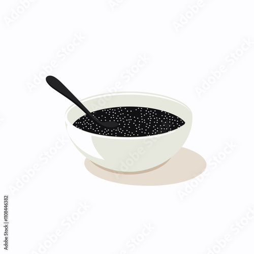 Bowl of black caviar with a spoon on a light background