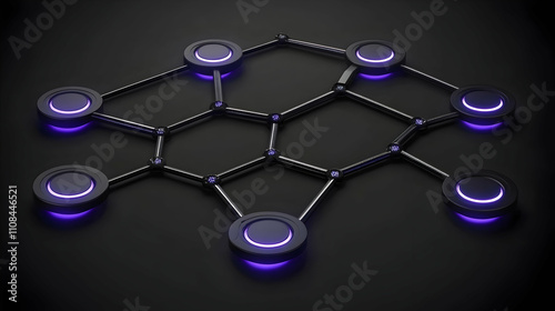 Abstract 3D rendering of a network, showing interconnected nodes with glowing purple accents on a dark background. photo