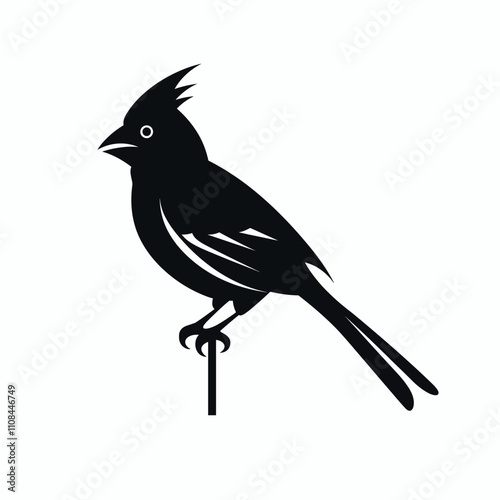 Black silhouette of a bird perched on a stick in a minimalist style