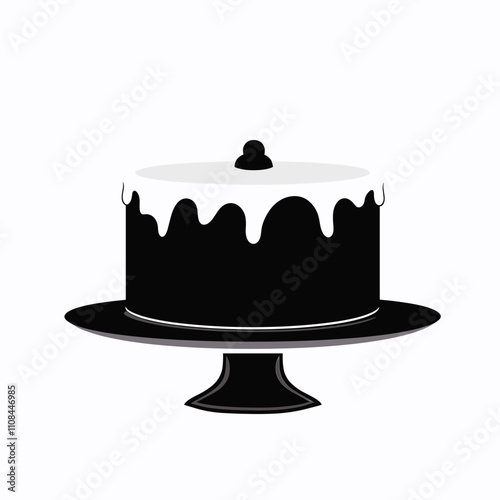 Chocolate cake topped with white icing on a decorative cake stand