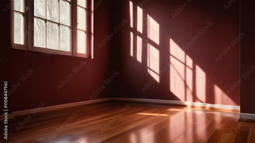 Obraz premium Empty room corner with light and shadows from window on red walls and wooden floor