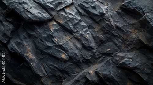 High-resolution photography of rough black stone formations with deep shadows.