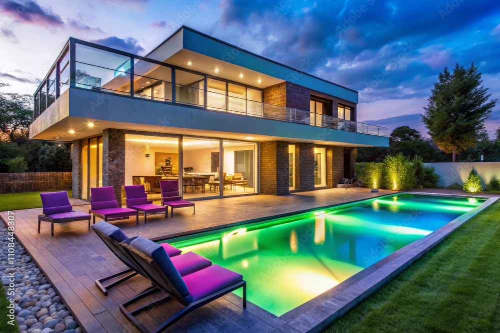 Fototapeta premium Modern House 3D Illustration with Neon Lights and Pool at Sunset