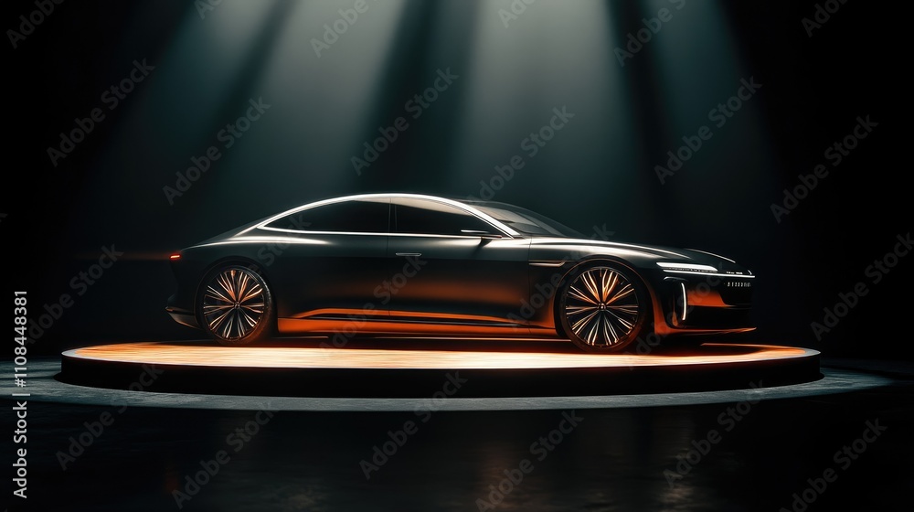 Fototapeta premium A sleek, modern car displayed on a pedestal under dramatic lighting.