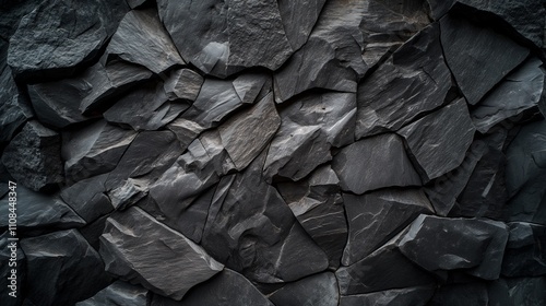 High-resolution photography of fractured black stone layers with soft reflections.