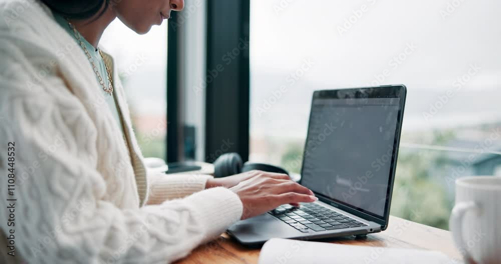 Hands, woman or freelancer on laptop in home or hotel for travel, remote work or copywriting. House, ideas or closeup of digital nomad on technology for freelancing, research or online publication