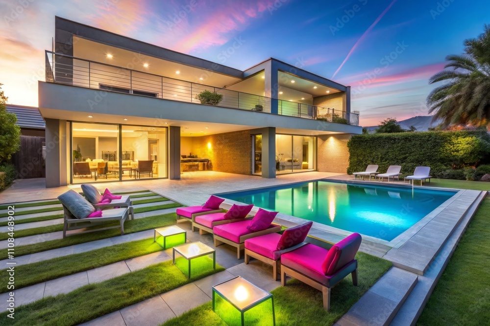 Fototapeta premium A house with neon lights on the front and a sign that says'smart house