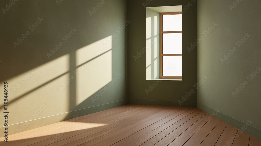 Fototapeta premium Empty room corner with light and shadows from window on green walls and wooden floor