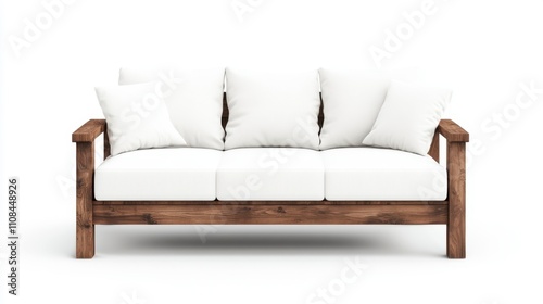 A modern wooden sofa with white cushions, offering a stylish and comfortable seating option for any living space.