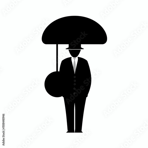 Elegant figure with large umbrella and round bag stands in a minimalist style setting