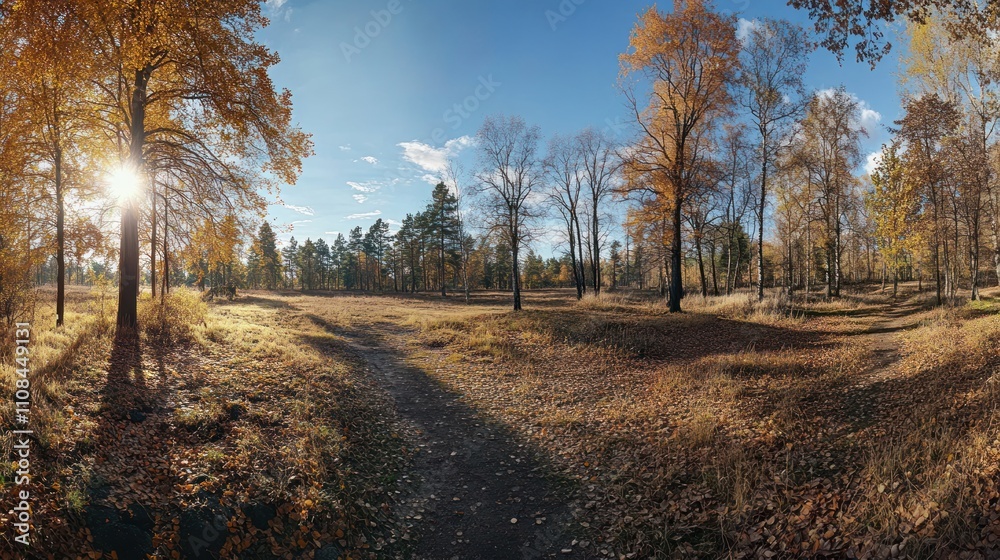 Fototapeta premium Autumn landscape with vibrant foliage and sunlight