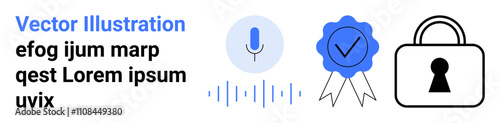 Microphone with audio waveform, verification badge with checkmark, lock icon representing security. Ideal for technology, authentication, privacy, app security, voice commands, verification