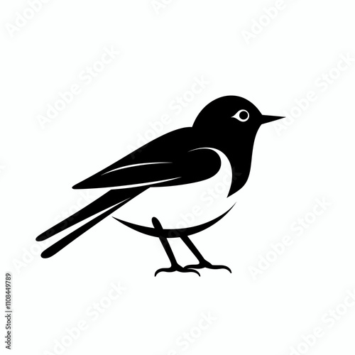 Elegant black and white illustration of a bird perched on a branch in a minimalist style