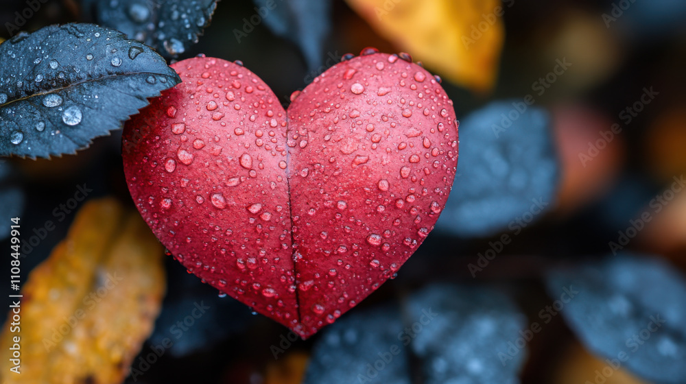 Fototapeta premium vibrant red heart shaped object adorned with droplets rests among dark green leaves, creating striking contrast. This evokes feelings of love and nature beauty