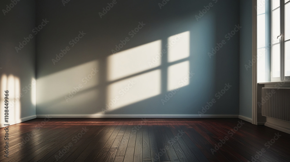 Obraz premium Empty room corner with light and shadows from window on blue walls and wooden floor